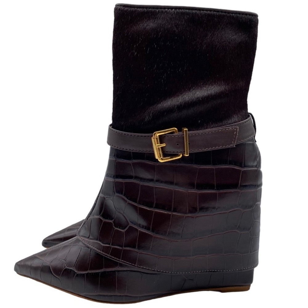 Schutz Boot Jorian Brown Leather Croc Embossed Point Toe Mid Calf Designer